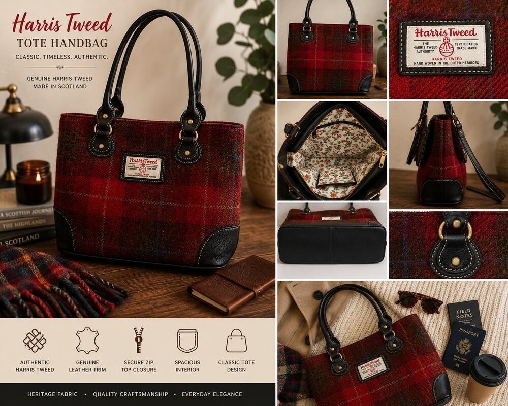 Harris Tweed Red Tartan Wool Leather Tote Shoulder Bag Scottish Plaid Zip Purse